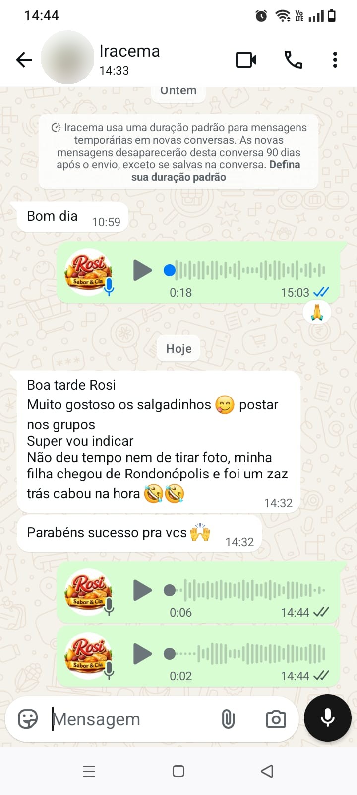 Feedback de Iracema no WhatsApp